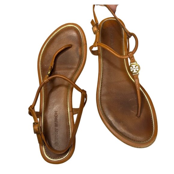 Tory Burch Emma T-Strap Flat Sandals – Brown Leather with Gold Logo – Women’s Si - Picture 8 of 13